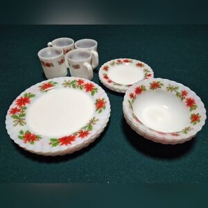 Vintage Poinsetta Milk Glass 4 Setting Full Set Of Dishes